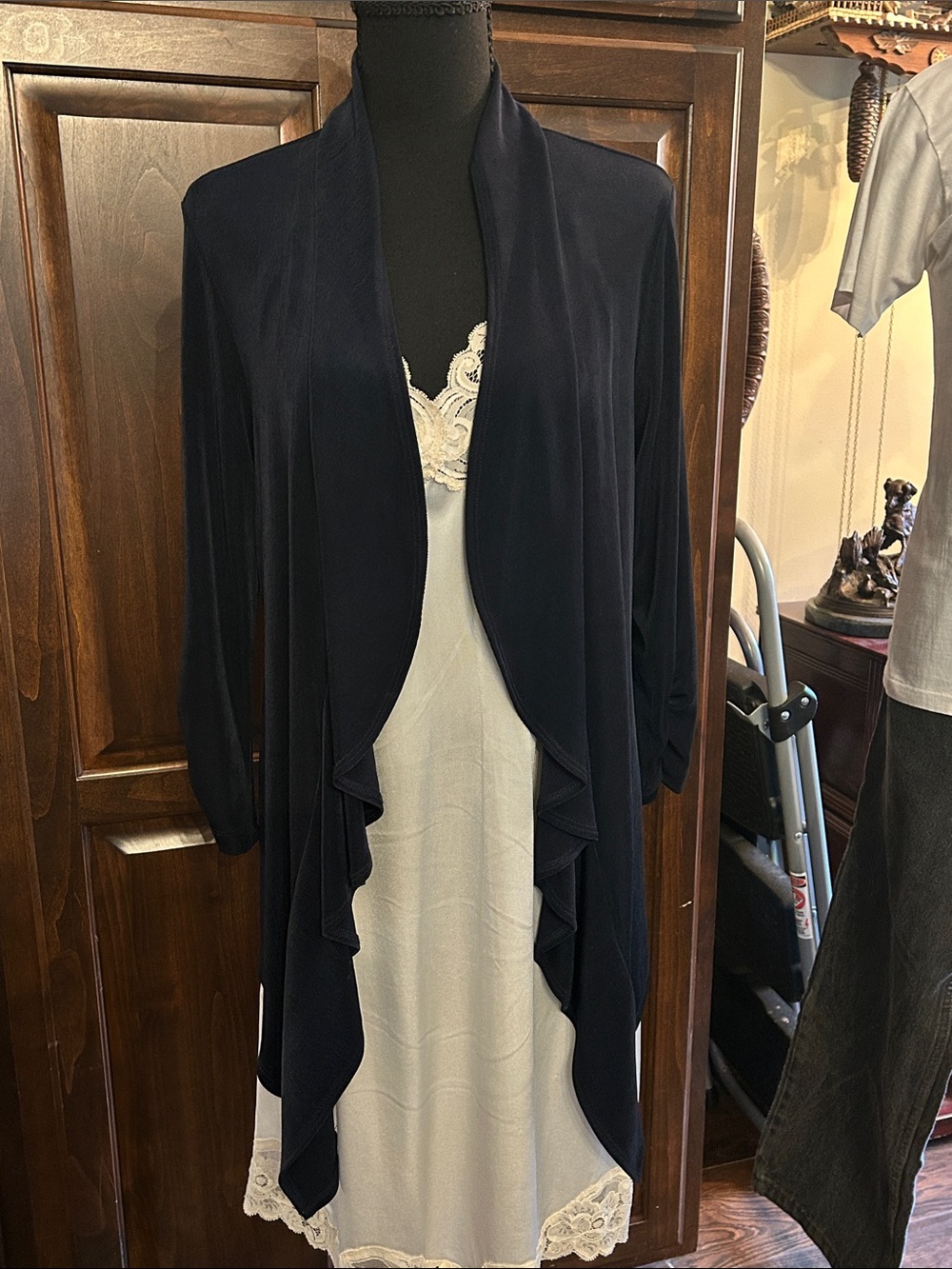 Chicos Travelers Sz 1 Black Open-Front Draped Women's Cardigan Shawl Hi-Low